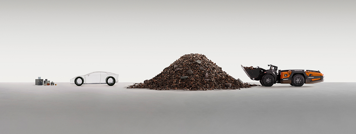 Electric vehicle materials illustrated: Sandvik loader moving ore toward a car outline showing high mineral demand.